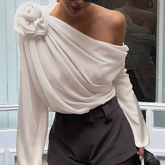 Tops - Apricot Elegant Women's Irregular Shoulder Shirt With 3d Flower Decoration